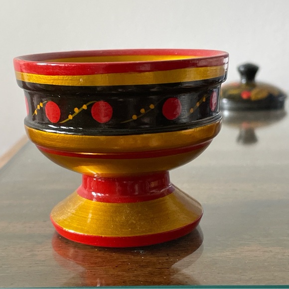 Vintage Small Russian Khokhloma Wooden Hand Painted Trinket Round Cup w Lid - Picture 13 of 13